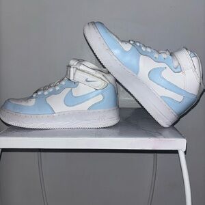Custom painted Nike Women's Sneakers - White and Light Blue